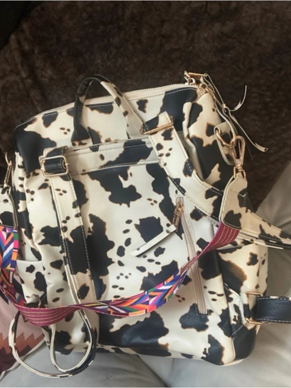 Cow Print Convertible Backpack/Diaper Bag - Black & White